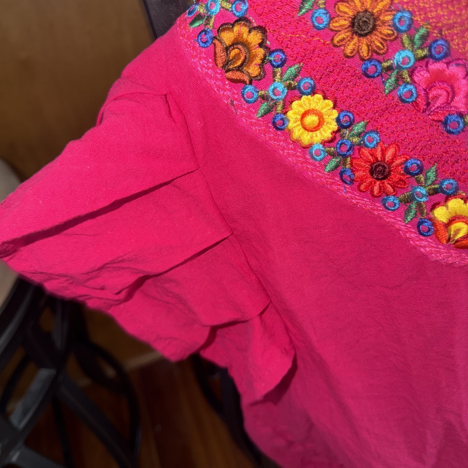 Mexico Embroidery top hot pink floral Peasant top cotton bright colorful L/XL