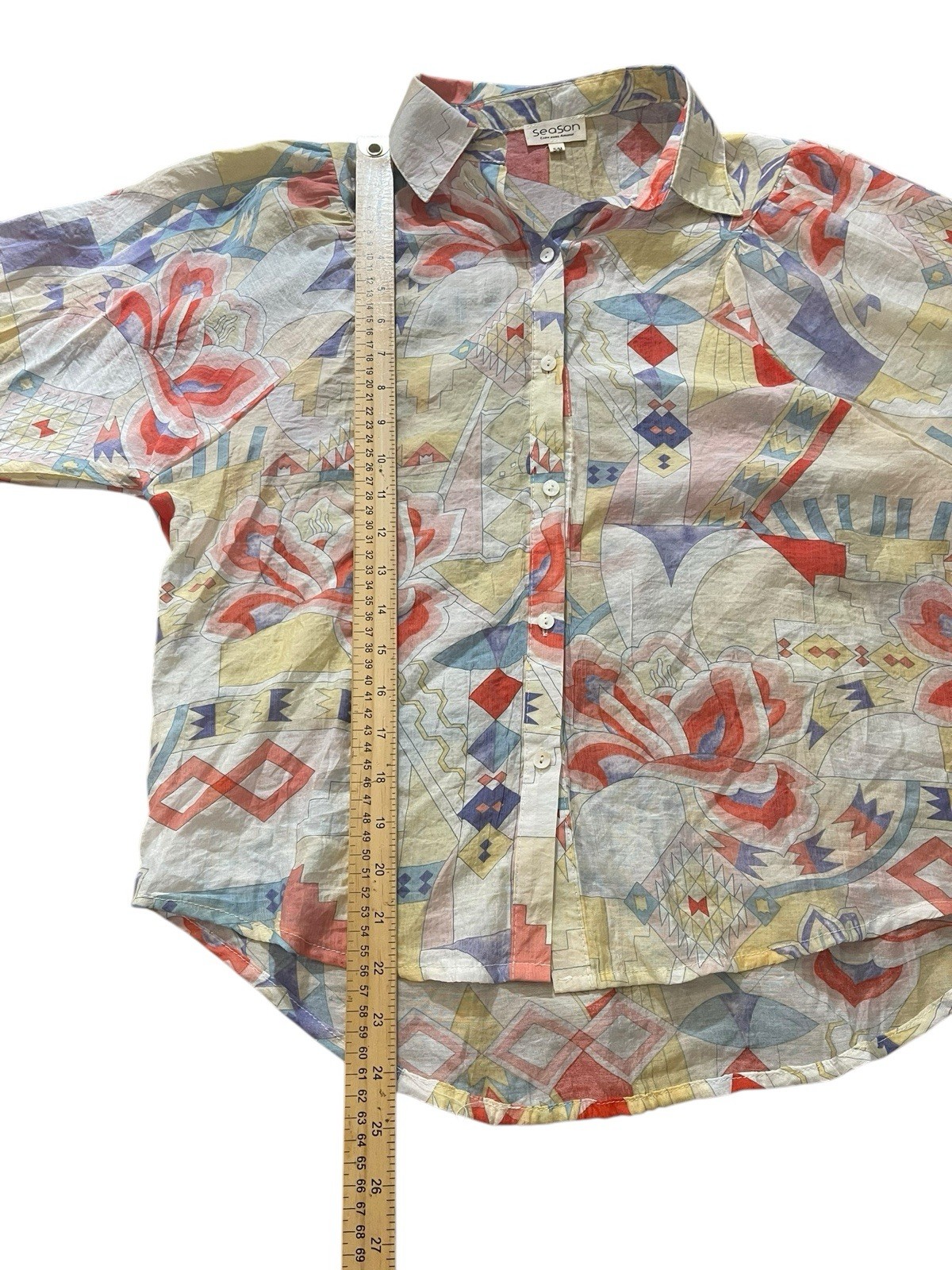 Season Women Med Blouse Lightweigt Semi Sheer Absract Colorful Flowy Button