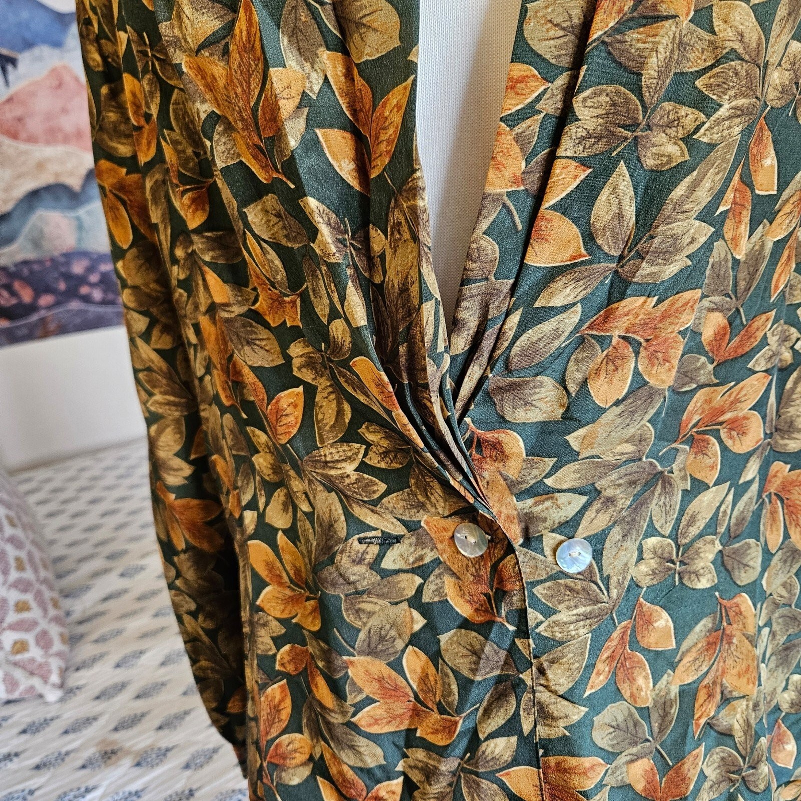 Quo 100% Silk Blazer Jacket Womens Large Boho Floral Leaf Print Lightweight