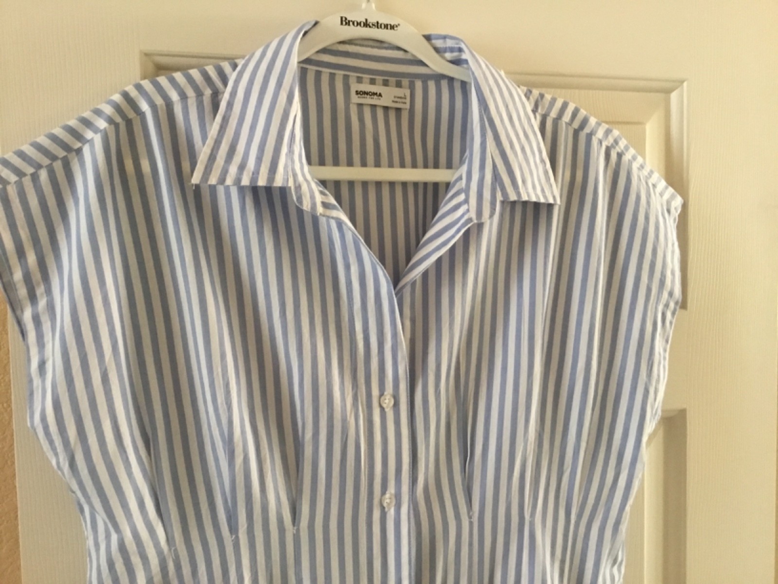 Sonoma A-line midi shirt dress 100% cotton- size L – blue and white stripes