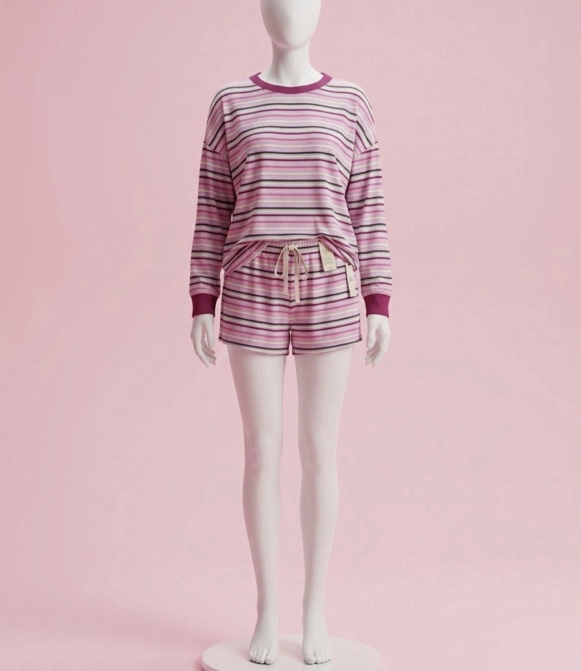 Natori Striped Long Sleeve Lounge Set Crew Neck Drawstring Shorts Pink XL