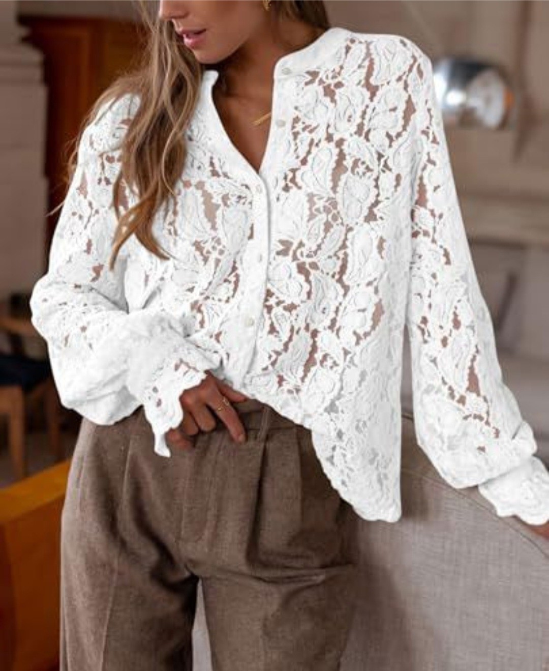 Women’s Dressy Casual Lace Blouse Long Sleeve Button Up Shirts Tops White Sz Med