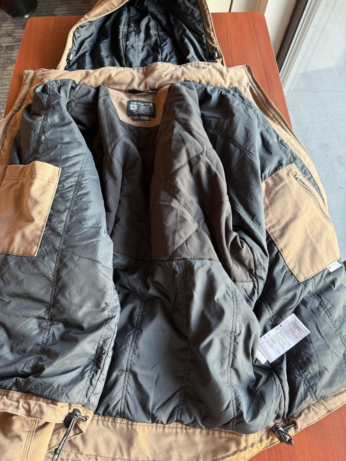 Carhartt Full Swing Hooded Jacket XL Brown 3M Thinsulate Loose Fit Work Coat.
