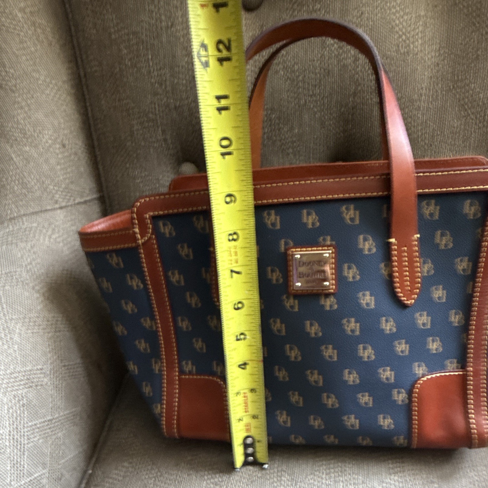Dooney & Bourke Navy/Brown Monogram Zip Satchel, Strap, Gold Hardware, Pockets