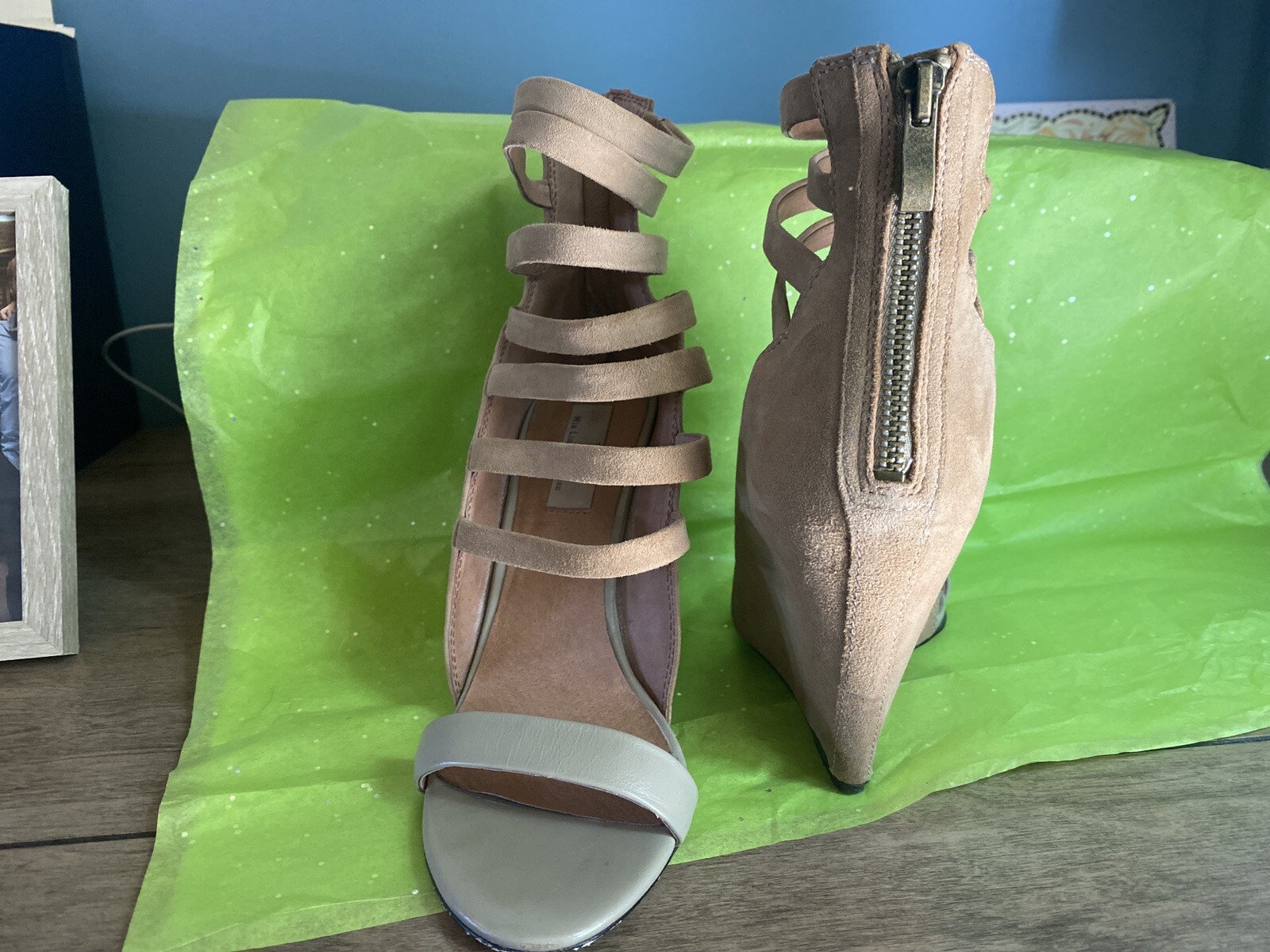kane by mia limited edition taupe suede Strap Oy Wedge Sandals.