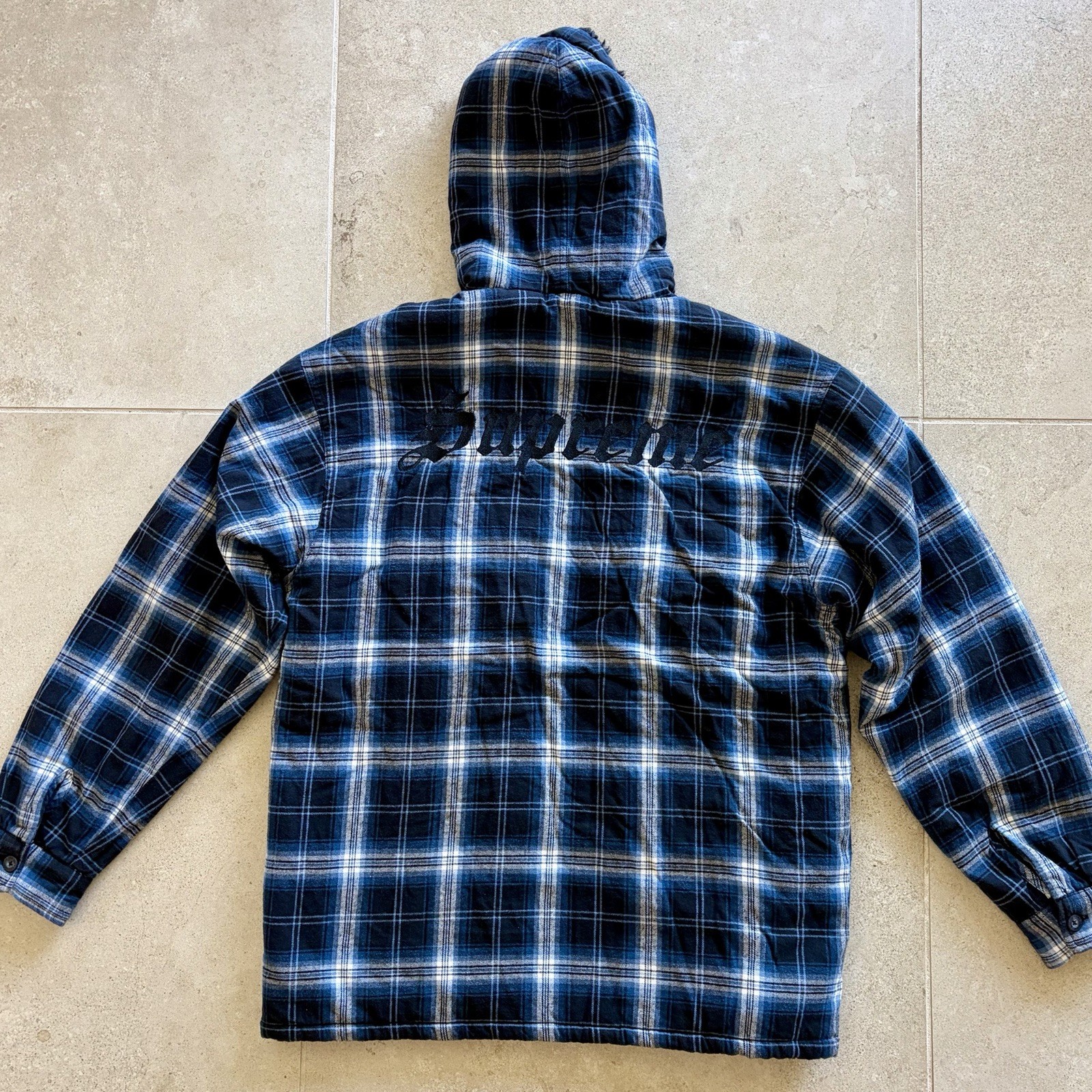 Supreme Men’s Plaid Hooded Zip Jacket Sherpa Lined Blue/Black/White M