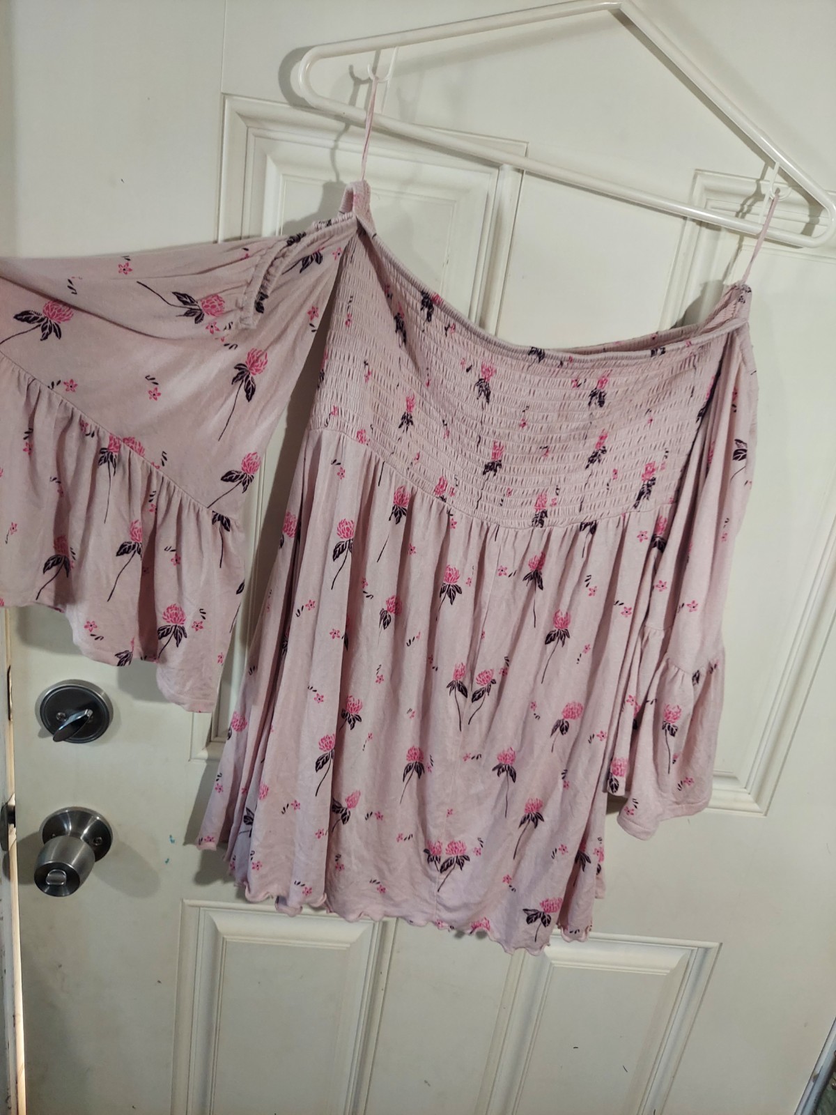 Free People Cloud Berry Lana Smocked Off Shoulder Bell Sleeve Top Coquette