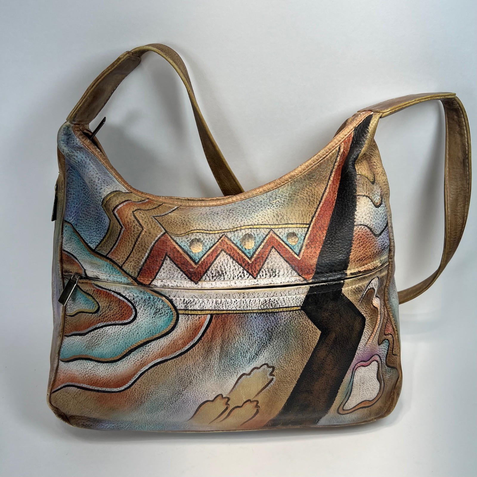 Anuschka Hand Painted Leather Conceal Carry Hobo Abstract Metallic Bag Purse