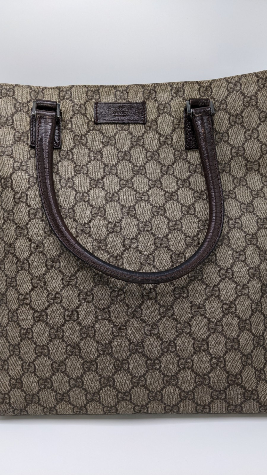 Gucci GG Supreme Monogram Canvas Brown Leather Large Tote Shopper Bag