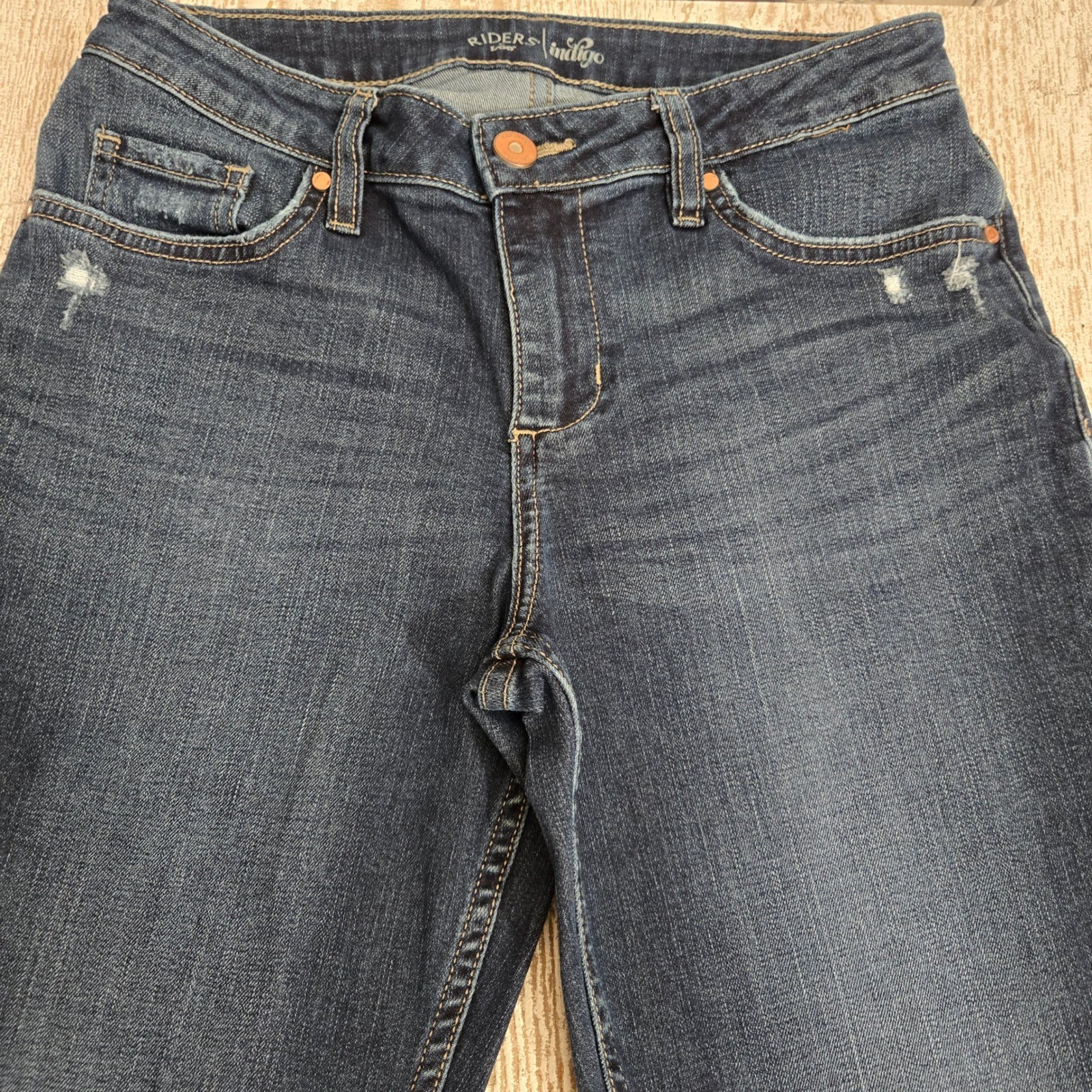 Riders by Lee Women Indigo Dark Wash Distressed Cuffed Straight Leg Jeans Sz 6M