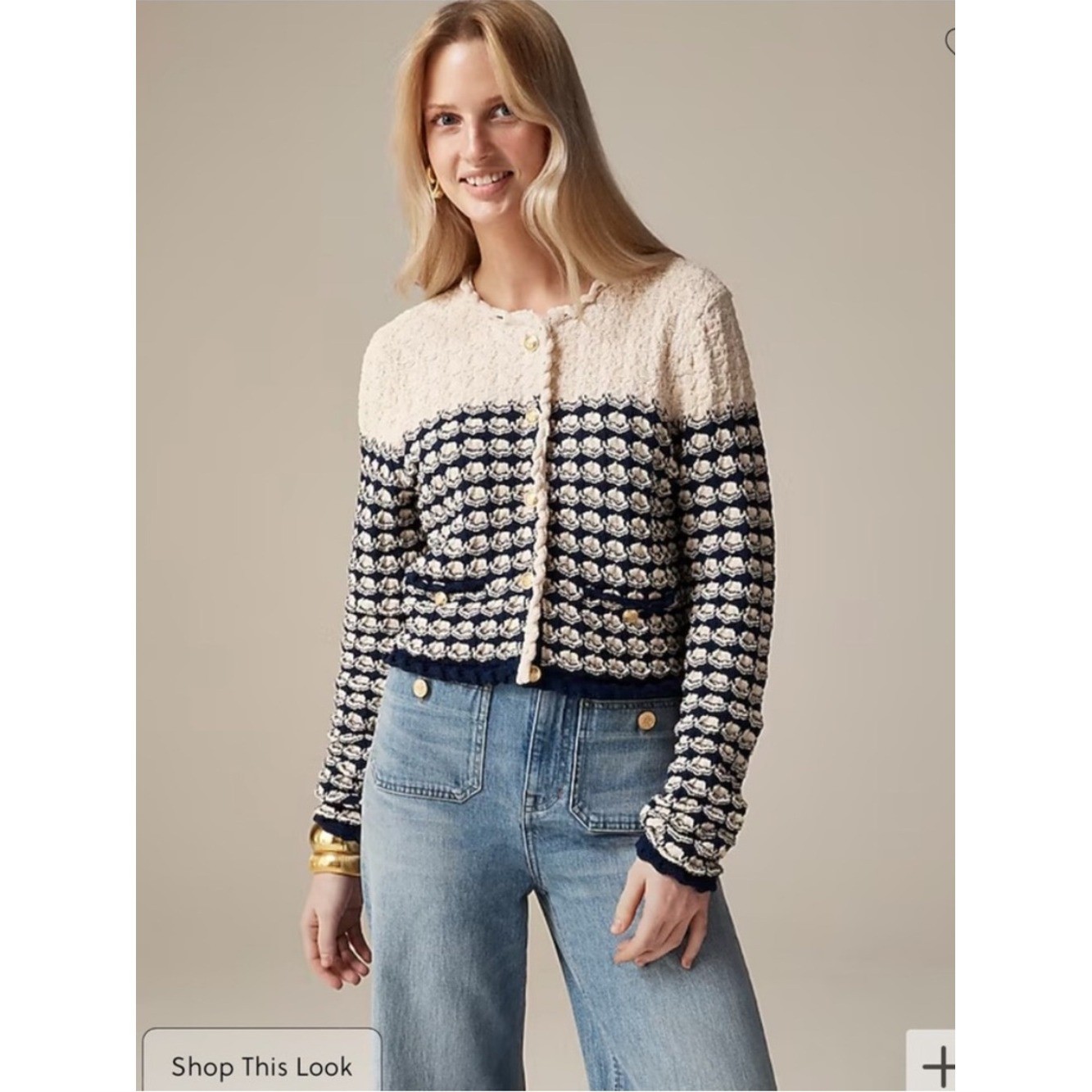 NWT J.Crew Textured Knit Cropped Cardigan Sweater Navy Cream Gold Buttons Small