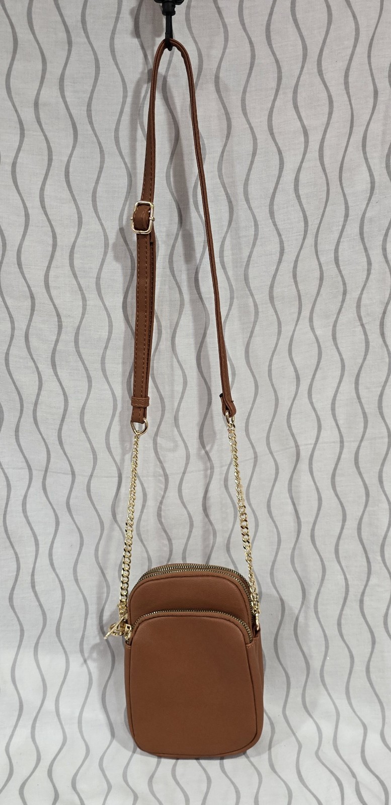 Faux Leather Brown Triple Zipper Crossbody Bag With Gold Chain Adjustable Strap