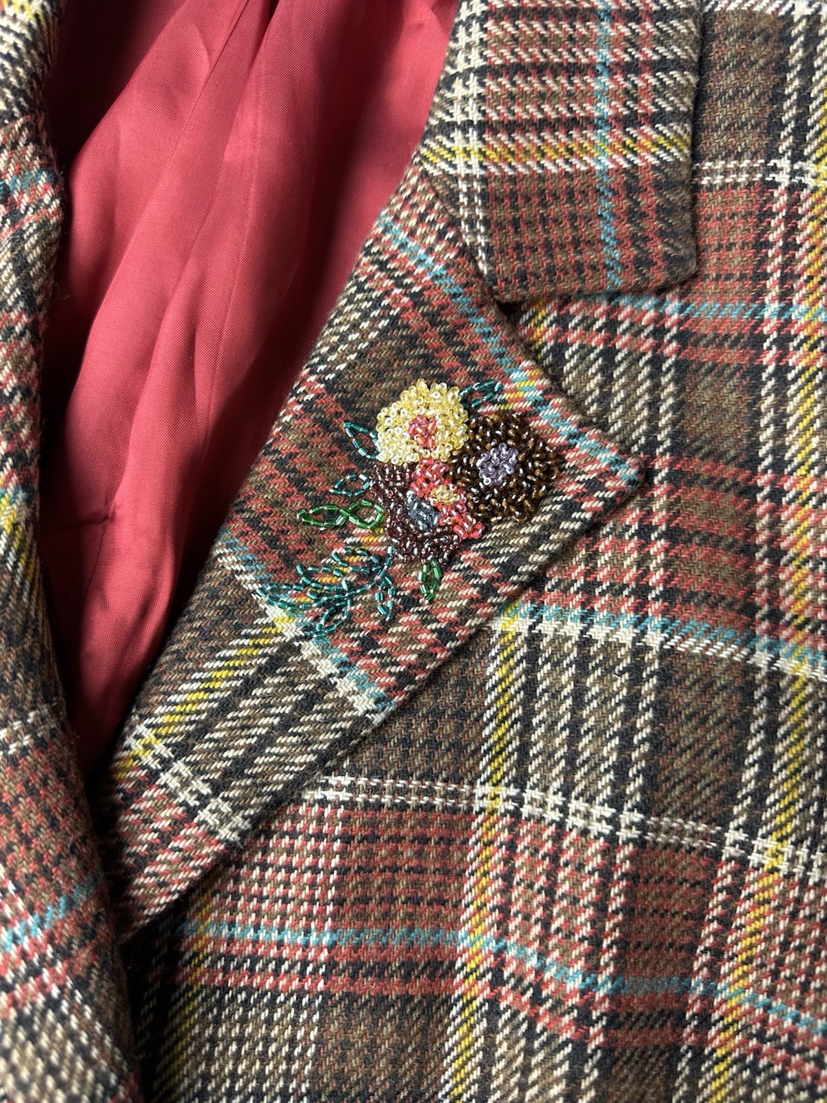 DAVID MEISTER Multi Color Acrylic Blend Plaid Beaded Motif Collar Jacket US 14