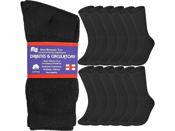 (12-Pairs) Unisex Cotton Non-Binding Extra Wide Diabetic Crew Socks Size 10-13
