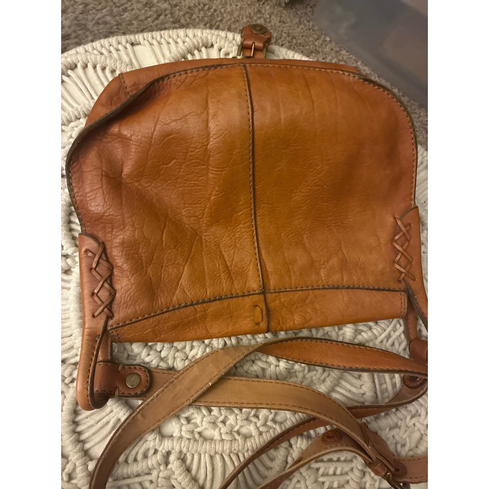 Lucky Brand Brown Leather Crossbody Saddle Bag Whipstitch Boho Cognac