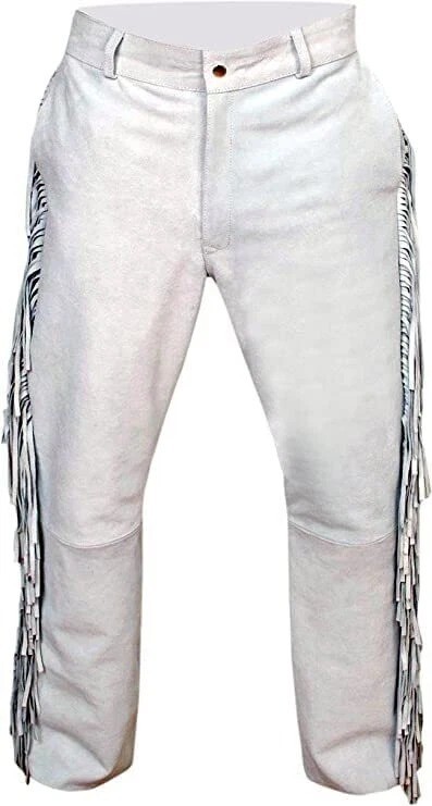 Western Wear White Leather Fringe Pants, Mens Leather Tassel Pants Cowboy Outfit