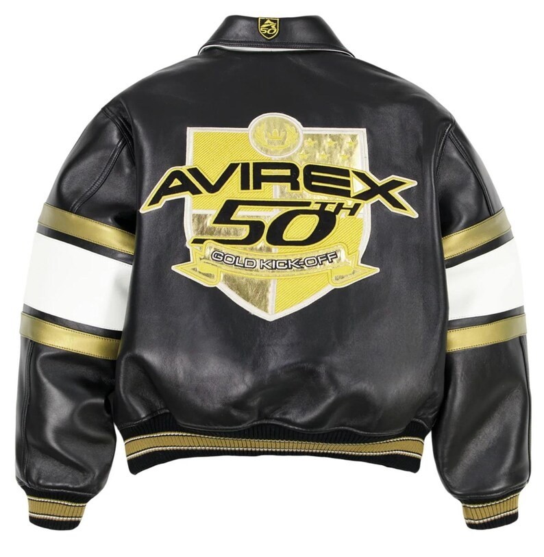 Avirex 50th Anniversary Leather Jacket Black Gold Kick-Off Varsity Bomber Men’s