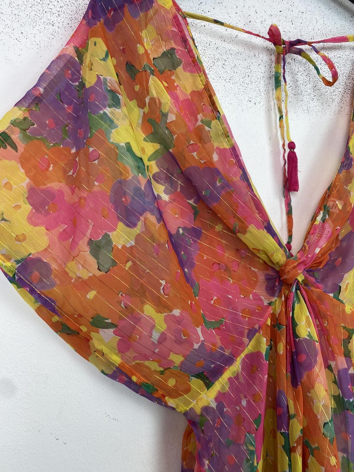 Accessorize Multicolour Floral Kaftan Beach Cover V Neck Tie Front UK 16-18