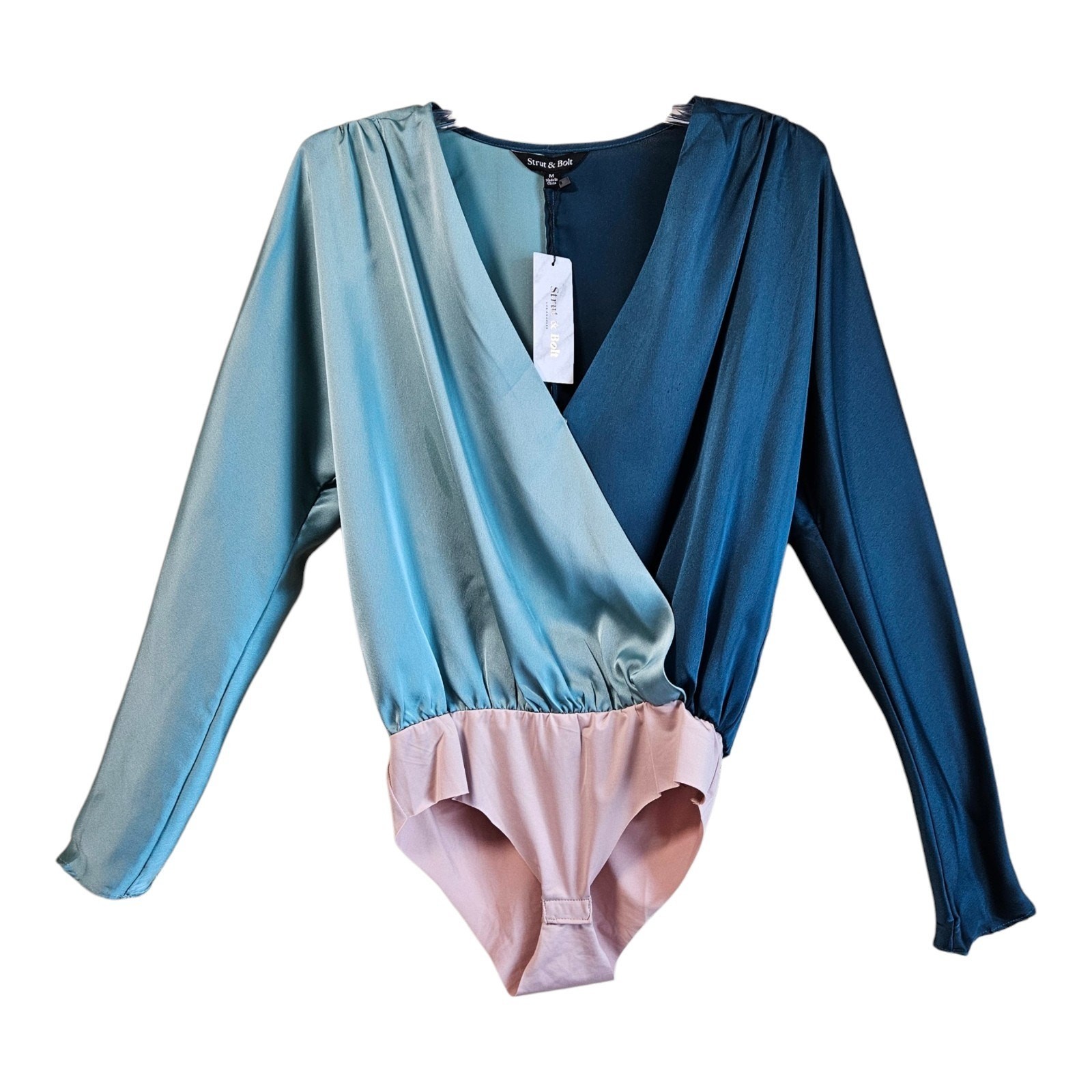 STRUT & BOLT Women S Blouse Bodysuit Satin Jade Dark Teal Puff Shoulder 46″ NEW