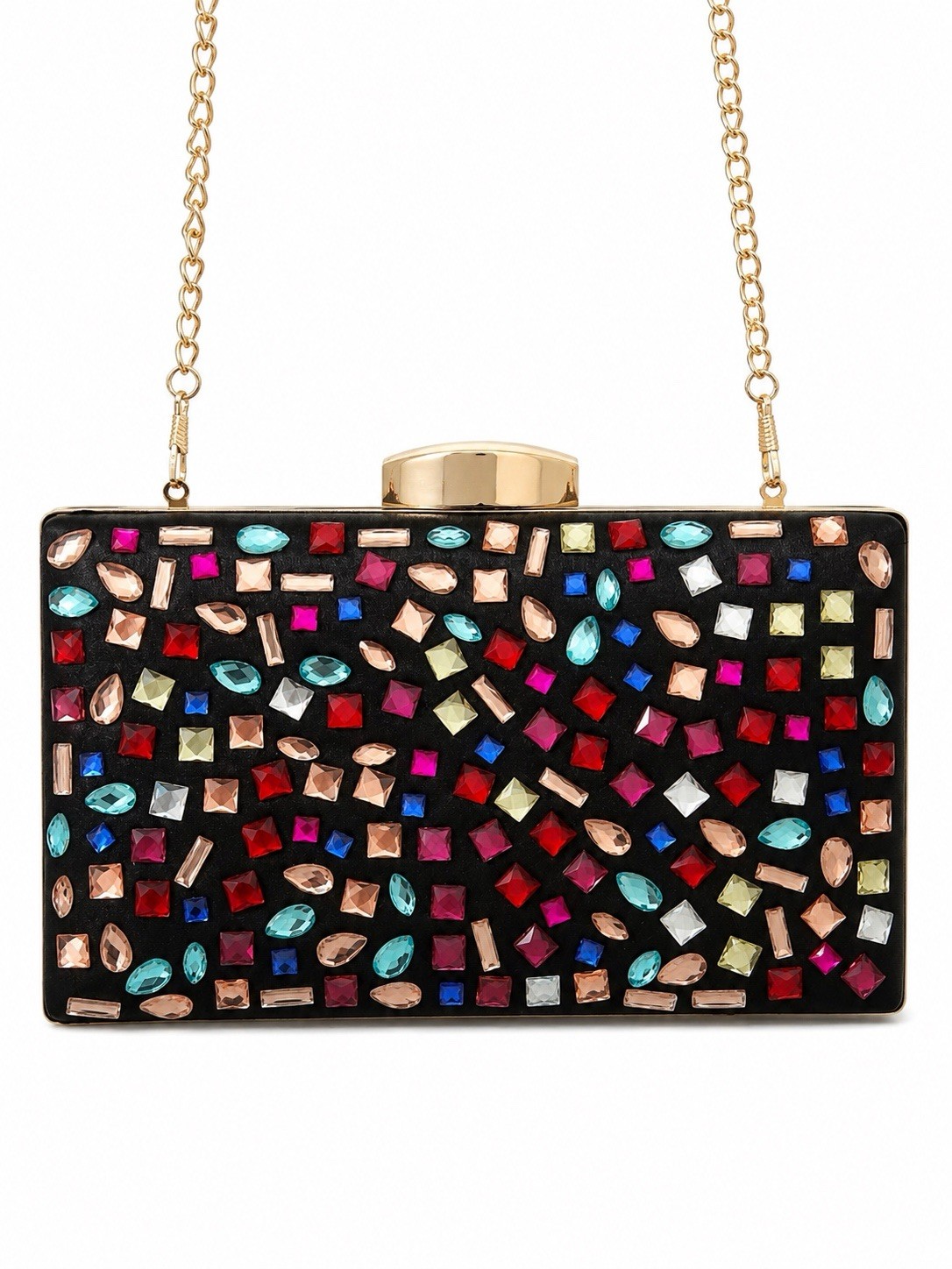 Nina Black Beaded Clutch Clasp Closure Gold Chain Strap Geometric Formal