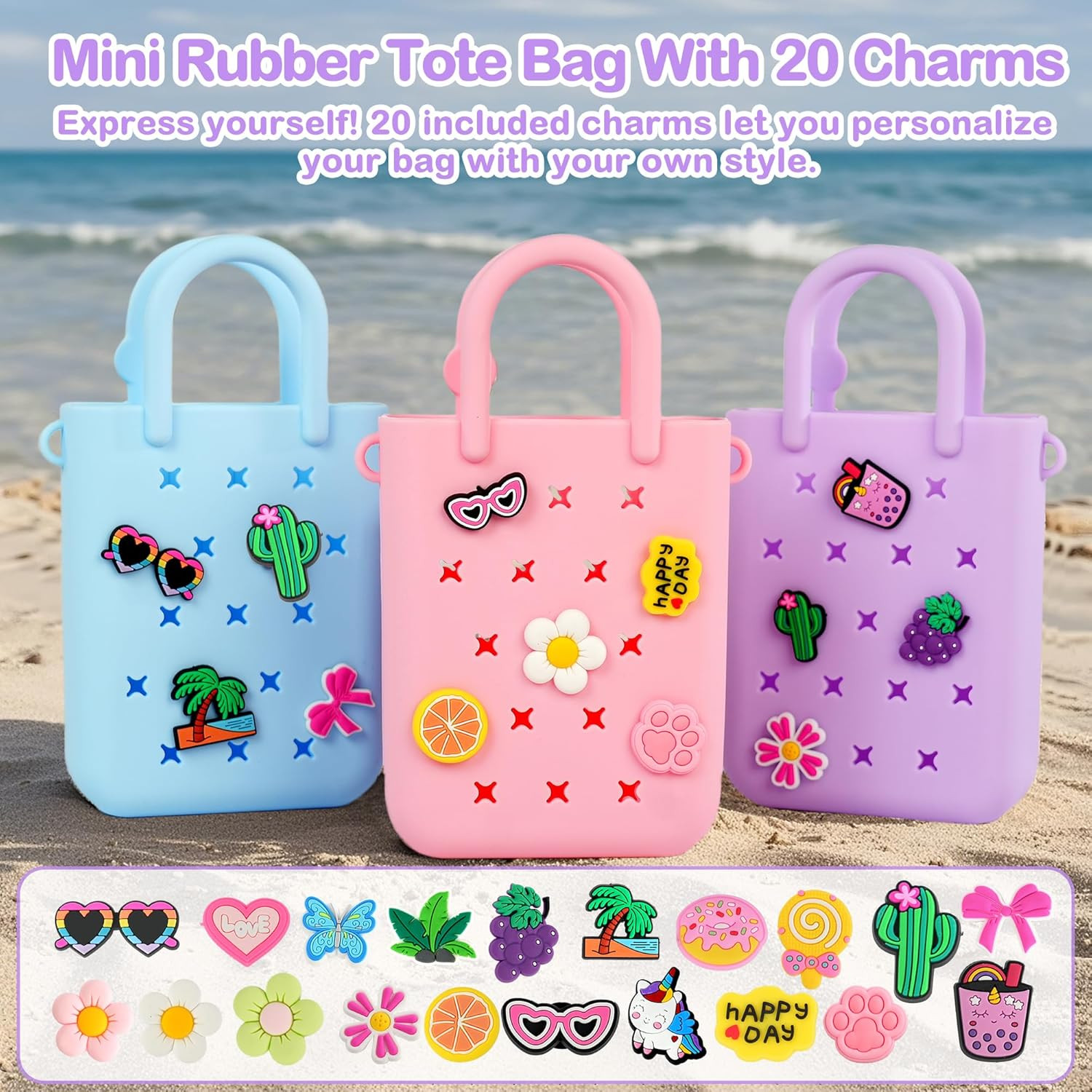 Small Silicone Beach Bag Rubber Tote w/20 Charms Adjustable Strap Girls Women
