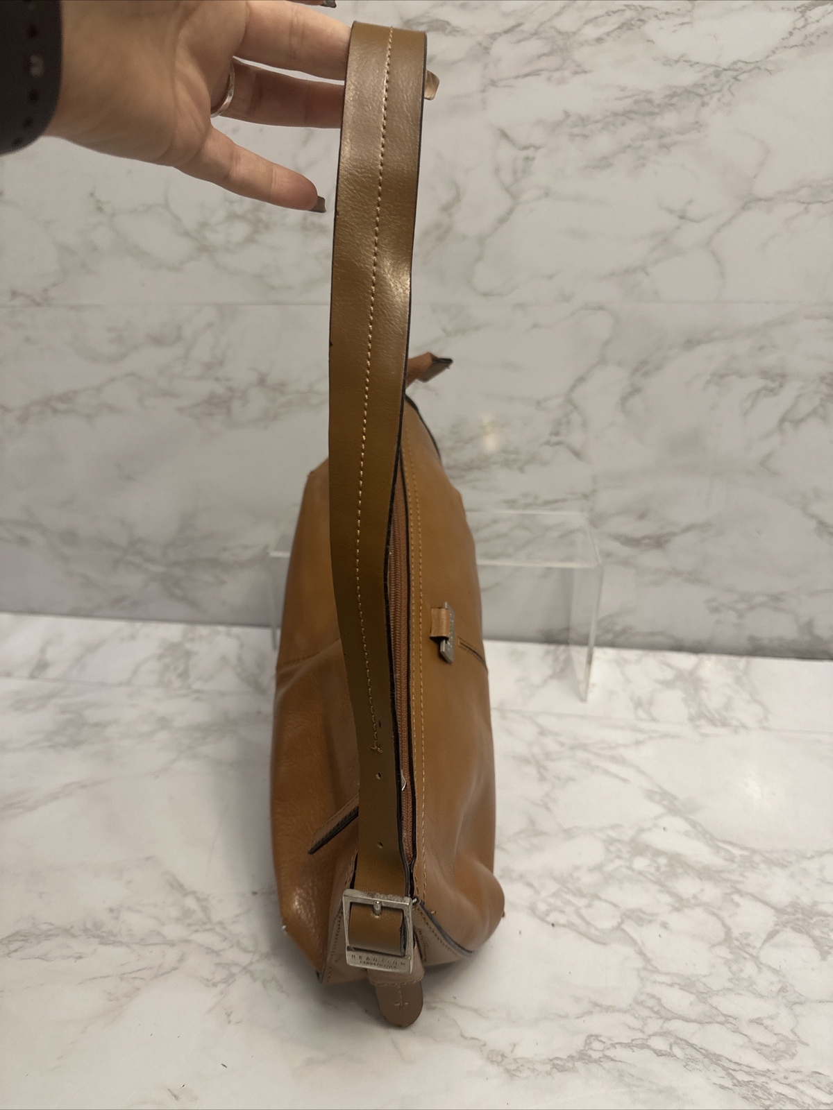 Kenneth Cole Reaction Brown PVC Corpotate Shoulder Bag Trim Baguette 5x11x3.5”
