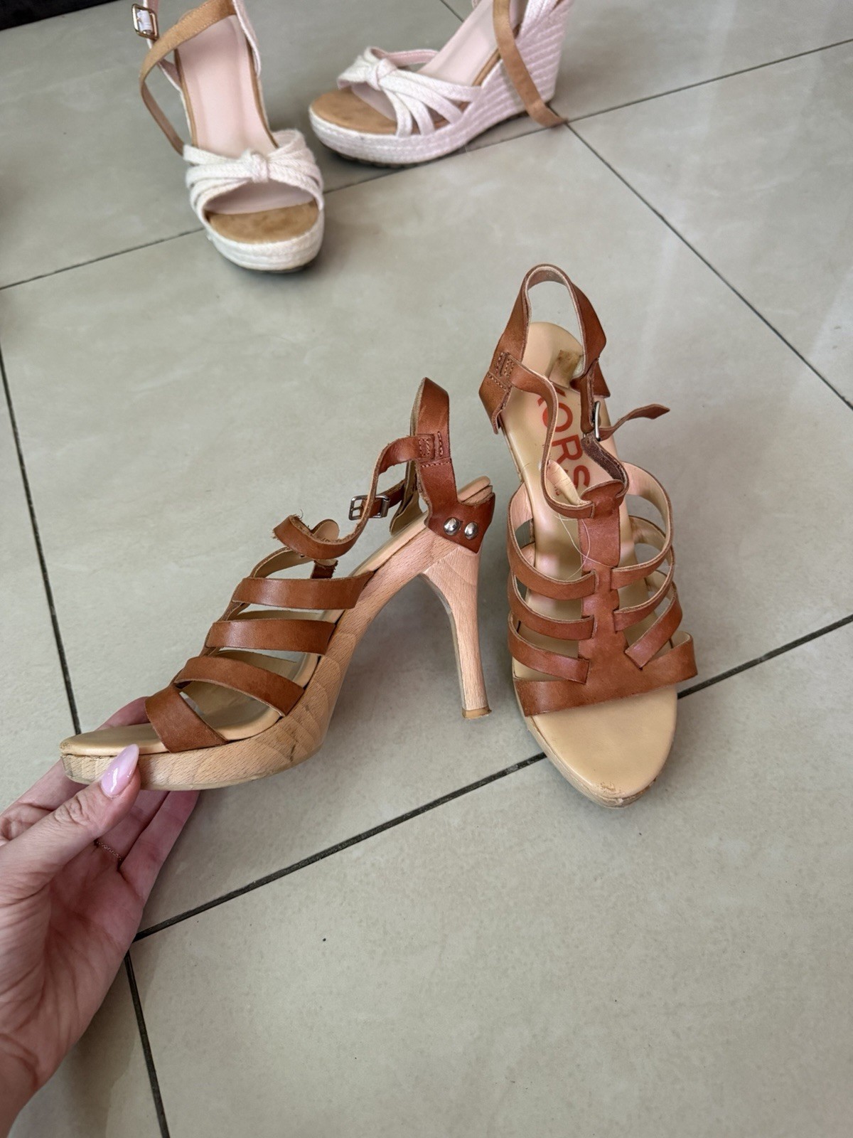Michael Kors Brown/Beige Leather Strappy Ankle Strap Open Toe Heels US 7.5