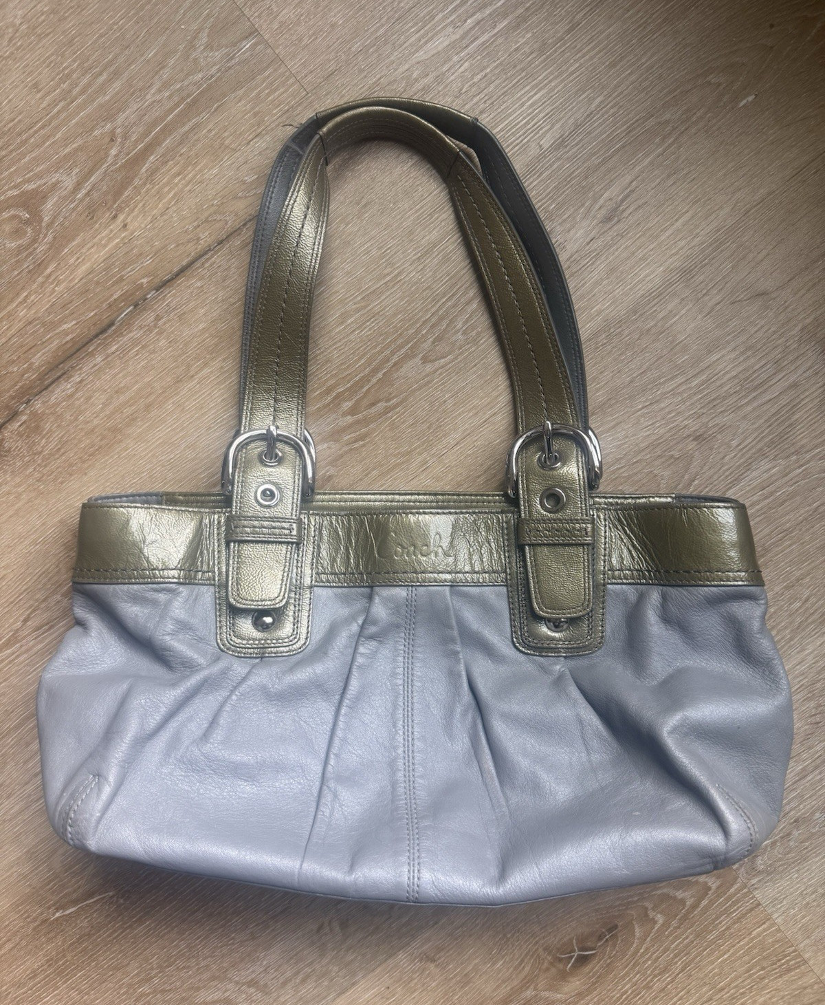 Vintage Coach SoHo Gray/Green Metallic Trim Satchel Top Handle Zip Buckle Studs