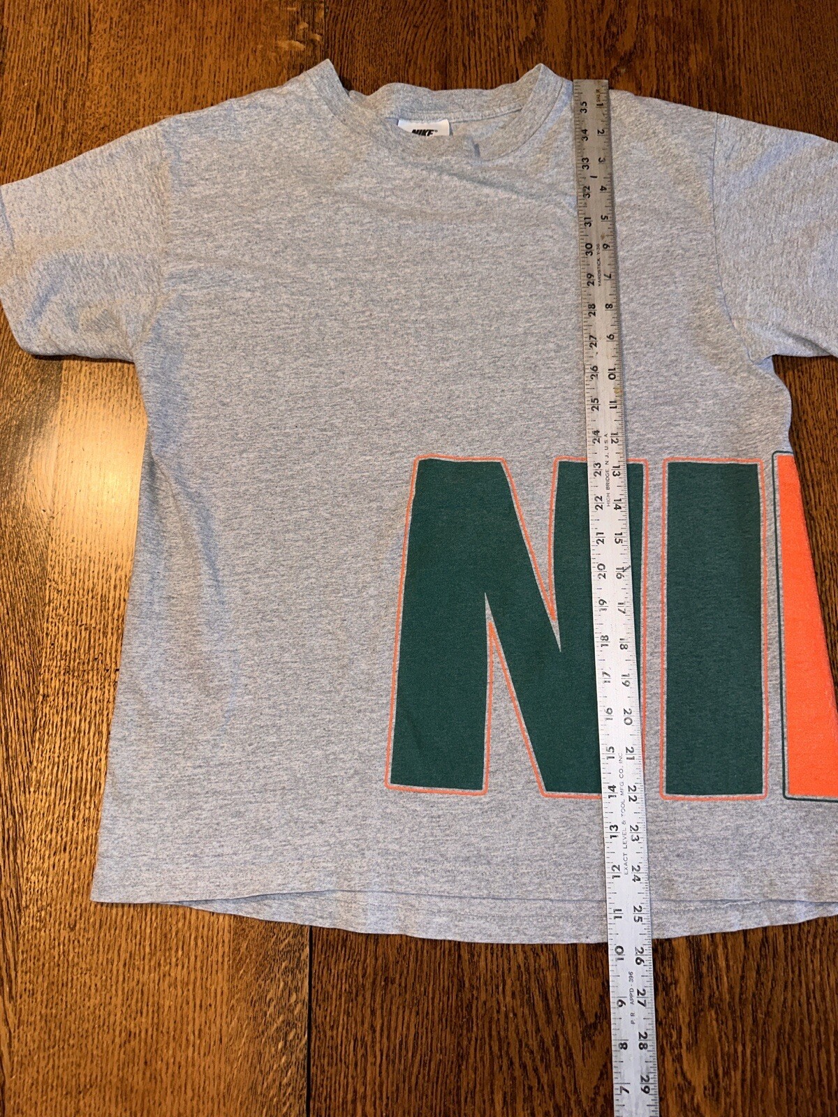 Vtg 90s Nike Spell Out Big Wrap Graphic T Shirt Made USA Gray Green Orange XL