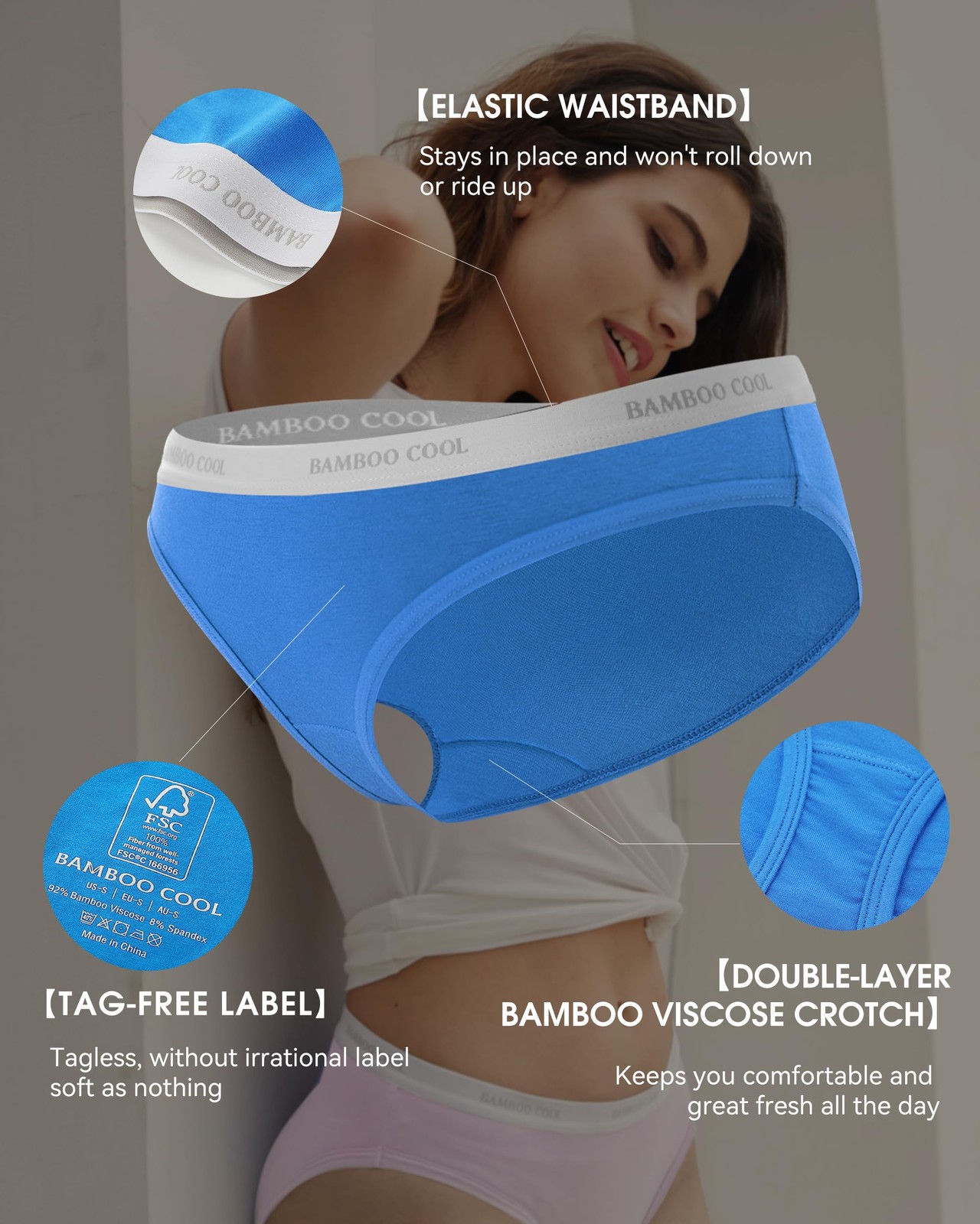 BAMBOO Women’s COOL Underwear Soft Bikini High Cut Panties Stretch Moisture M