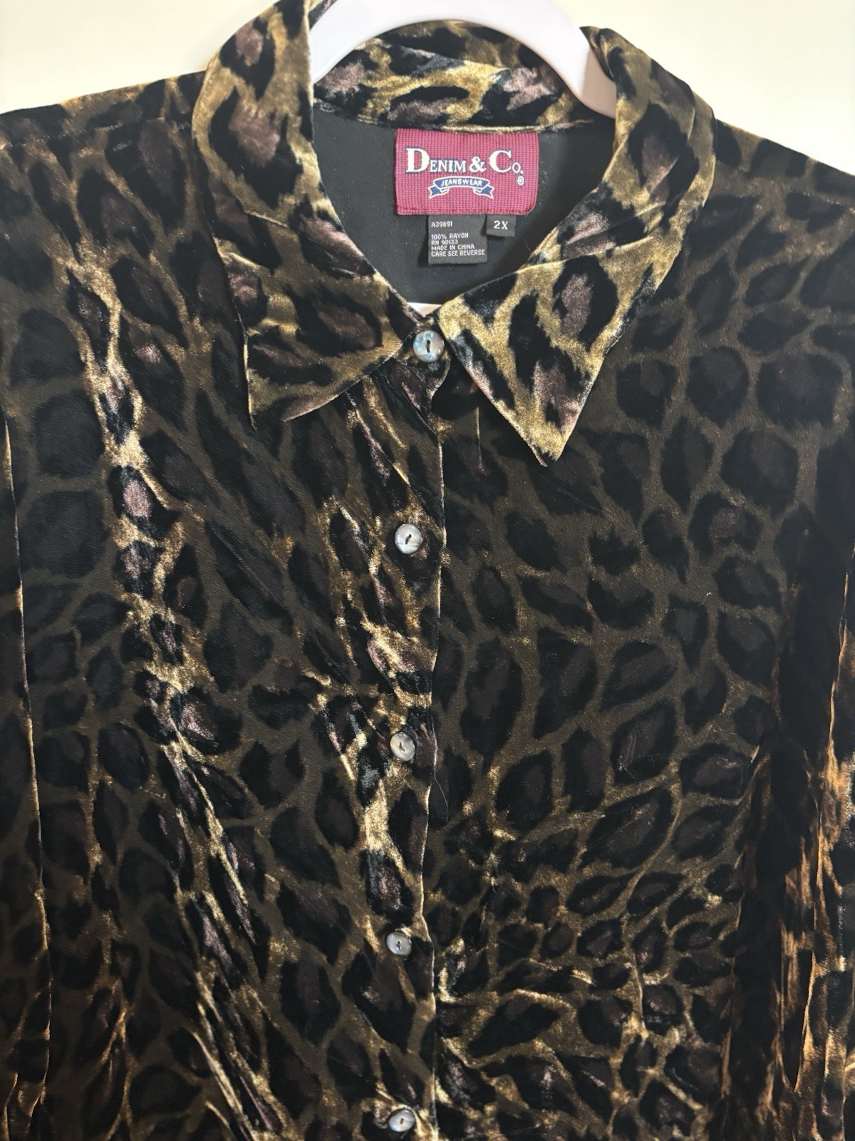 Vintage Denim & Co Velvet Leopard Print Button Down Shirt Sz 1X Y2K Oversized