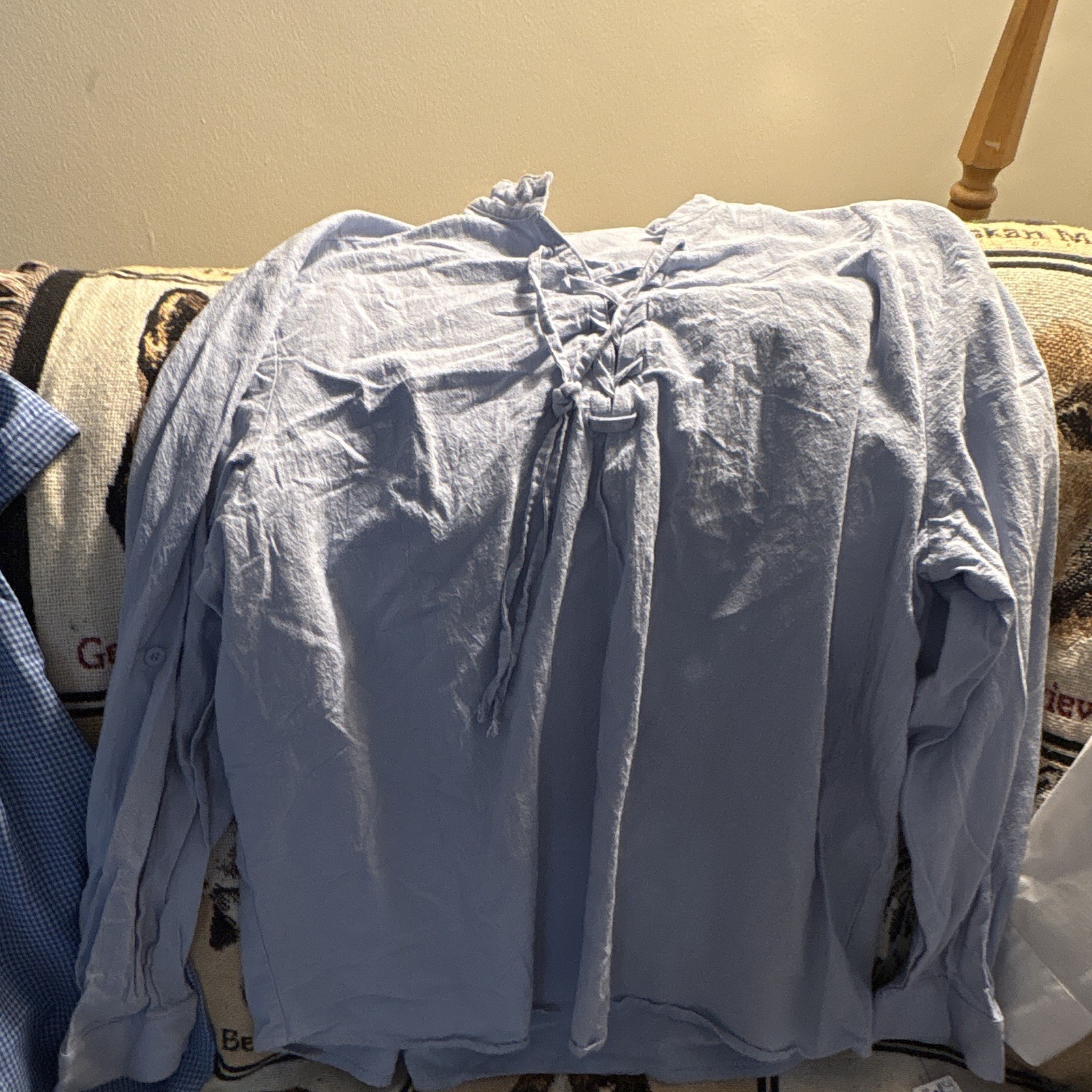 Coofandy Men’s Blue Solid Long Sleeve Tie Front Shirt, Regular Size XXL