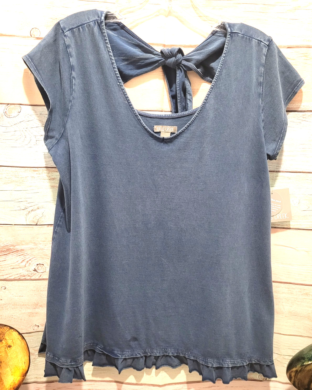 NWT Falls Creek Blue Chambray Style Top Ruffle Hem Tie Back Boho Casual M