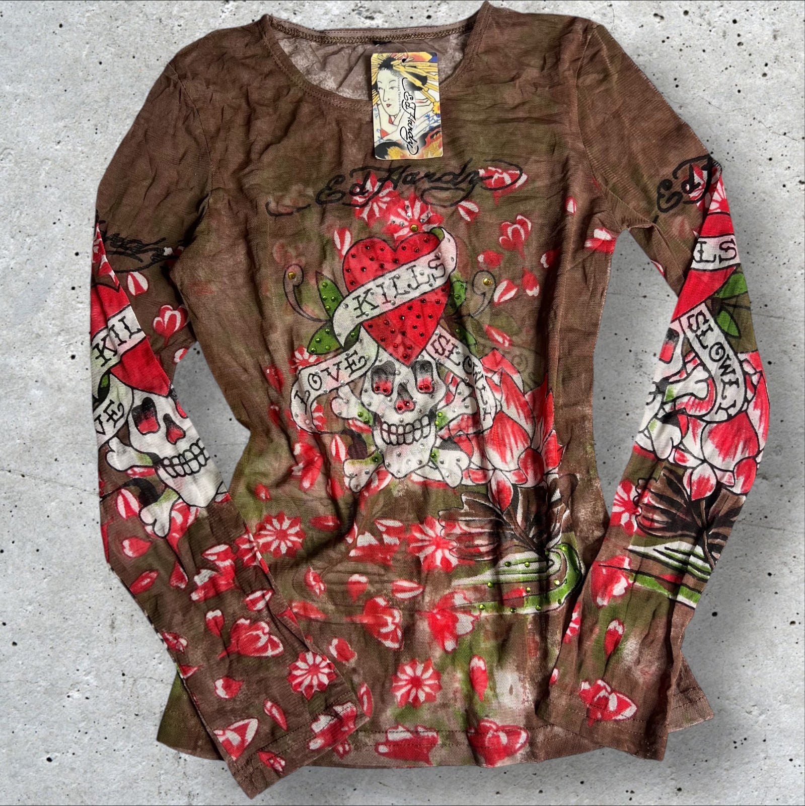 ED HARDY VINTAGE TATTOO WEAR CHRISTIAN AUDIGIER TOP WOMENS Love Kills Size M