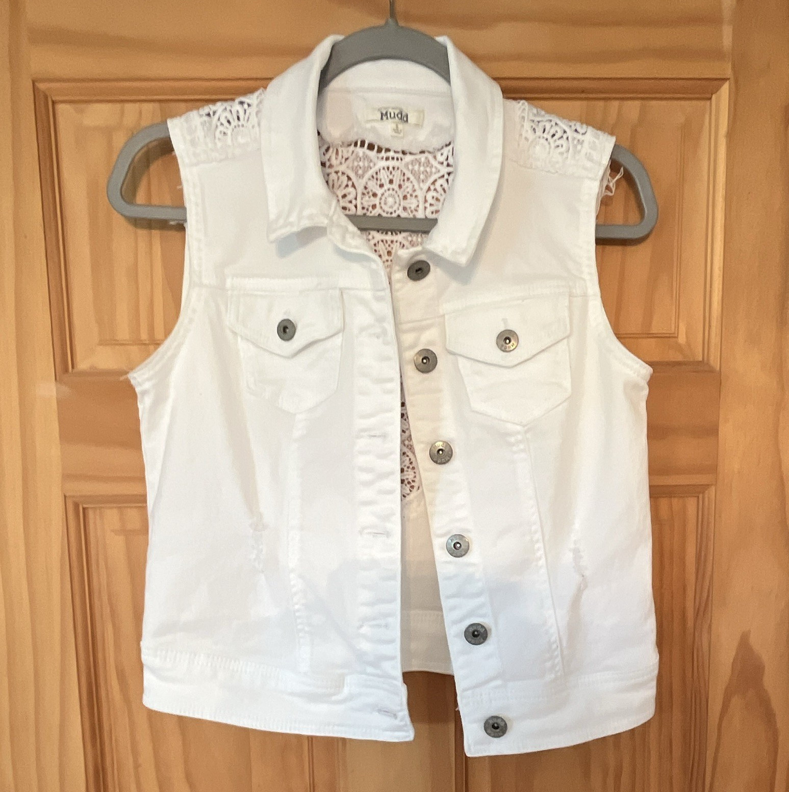 Mudd Girls White Distressed Denim Vest Lace Back Panel Button Front Pockets