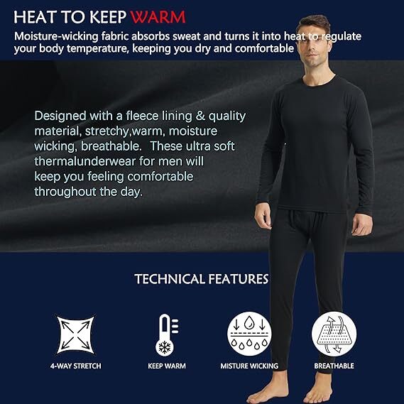 Men’s Long Johns Set Fleece Lined Thermal Underwear Top Bottom Set Winter Warm
