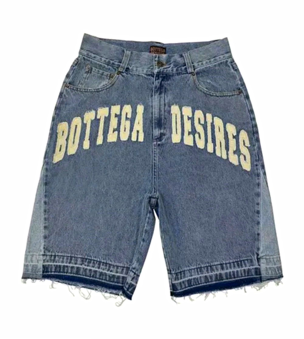 Men’s Blue Medium Wash Denim Jean Shorts Raw Hem 5-Pocket Logo Button 10in