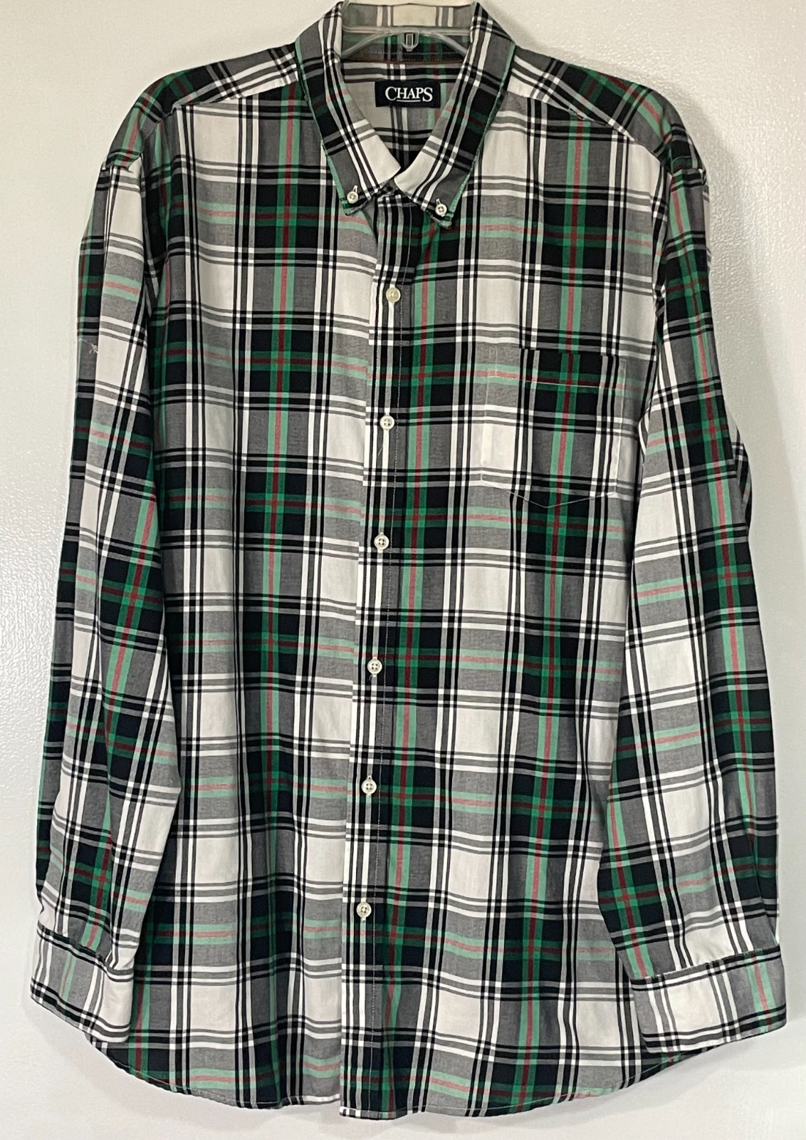 Chaps Men’s Black Green Red Plaid Dress Shirt XXL Cotton Poly Excellent