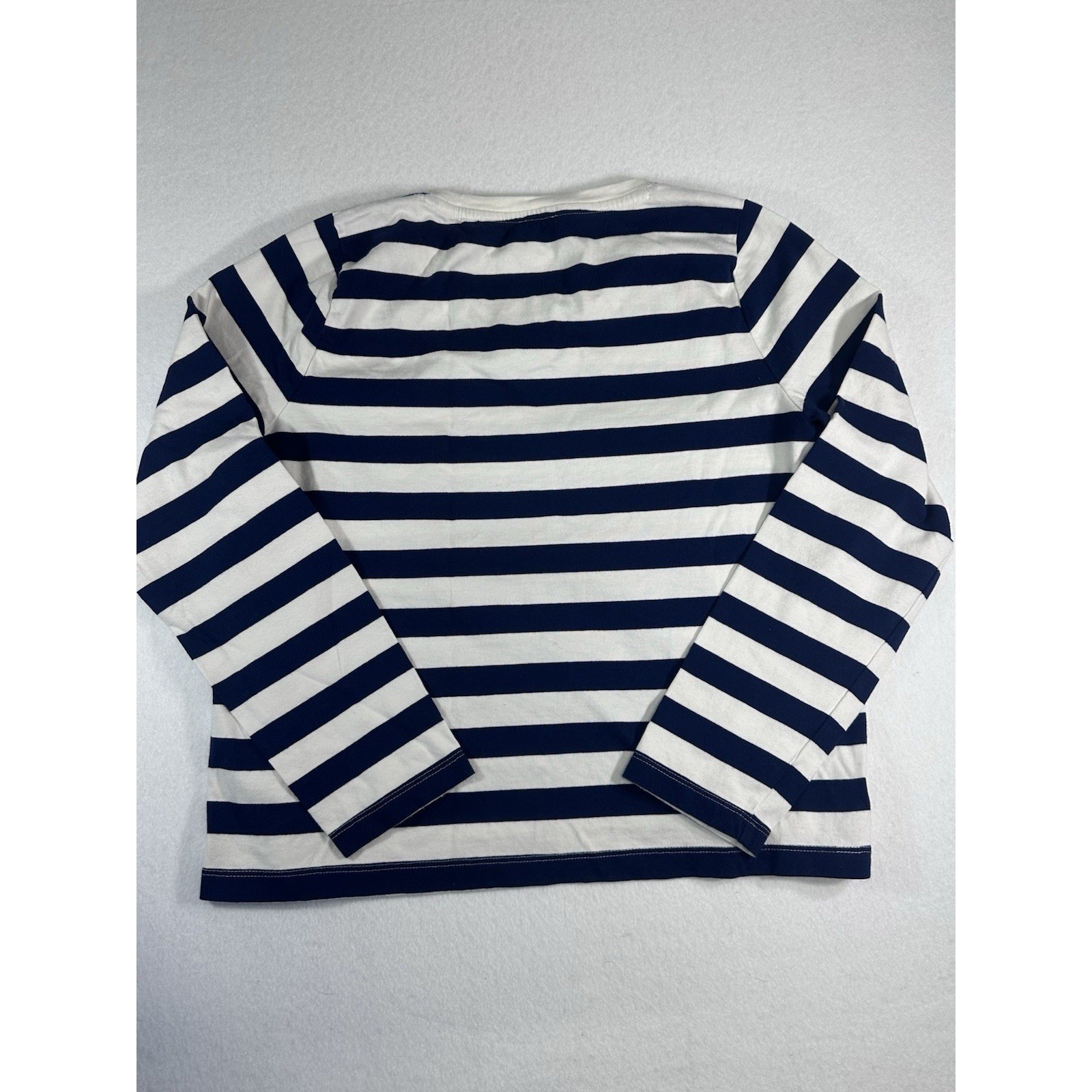 J. Crew Sailor Stripe Boatneck T-Shirt M Navy Blue White Gold Button Hem SP24
