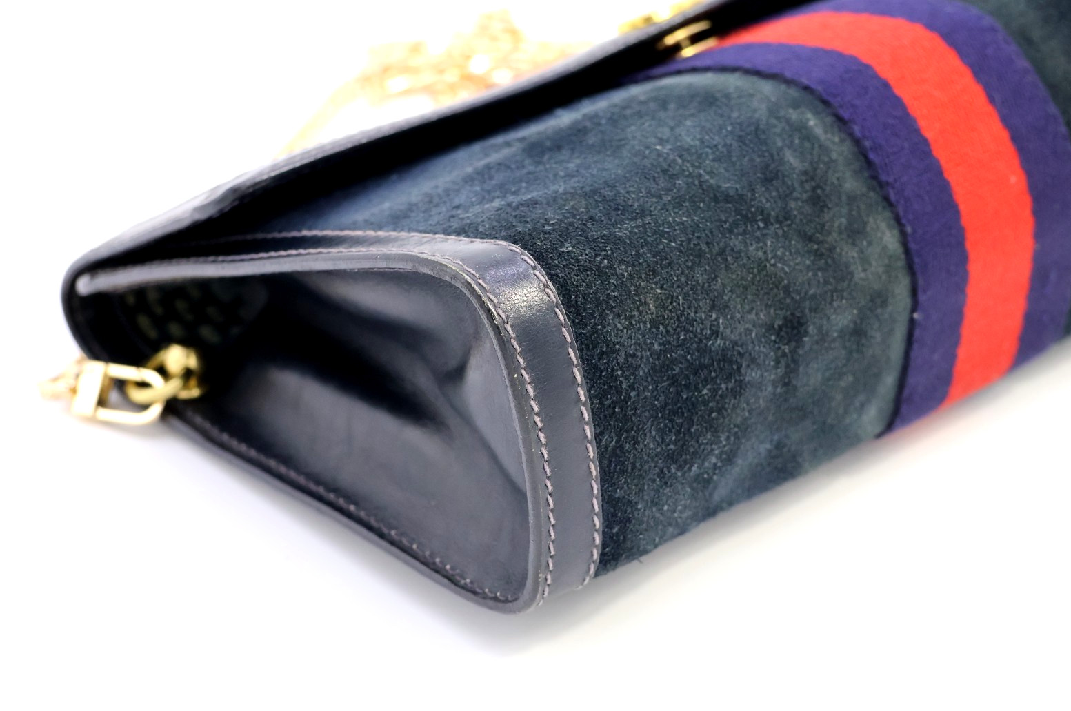 GUCCI VINTAGE Web Stripe Shoulder Bag Suede Leather Navy Classic Authentic