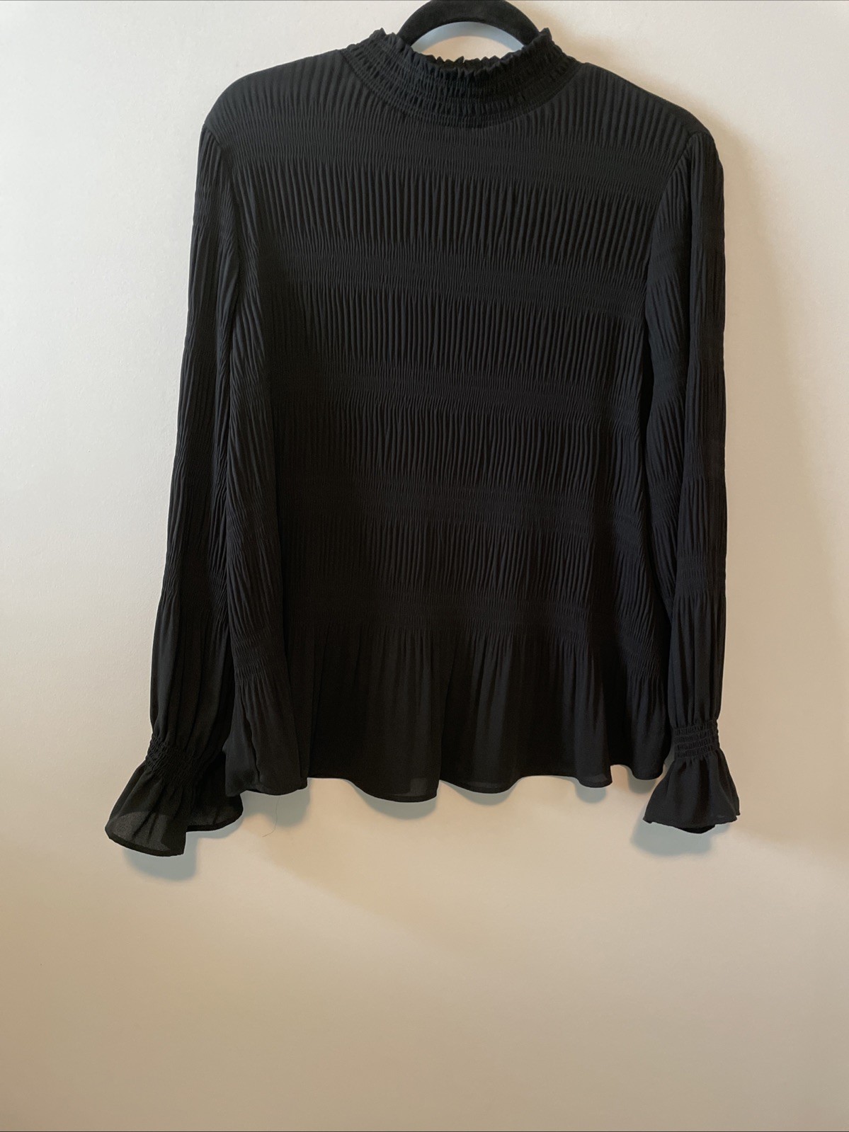Adrianna Papell Medium Black Pleated Mock Neck Blouse Ruffle Sleeve Top