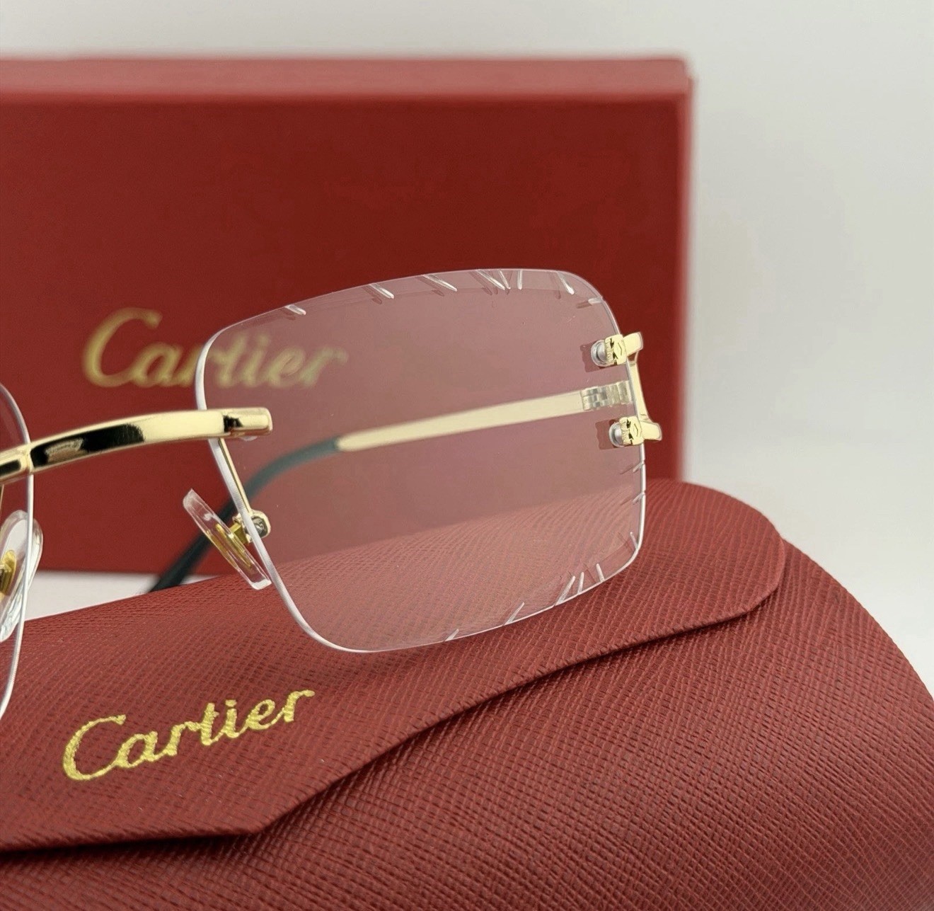Cartier Big C Diamond Cut Clear Frameless Lens Gold Frame