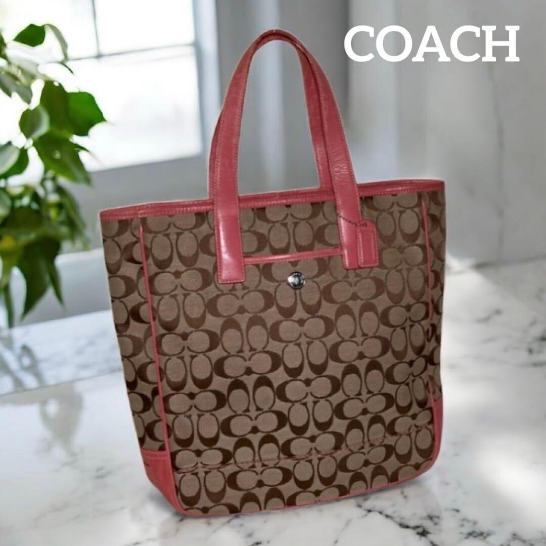 COACH Pink Brown Canvas Leather Tote Bag Logo Inner Pockets 11.8×12.6 in