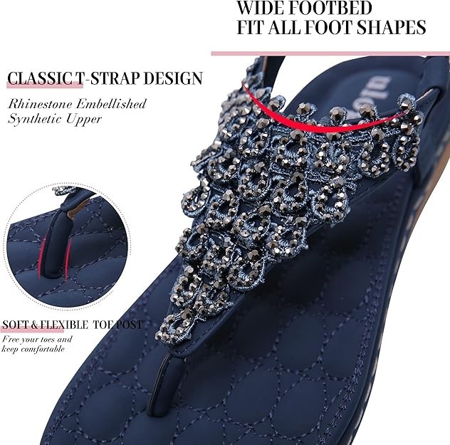 Women’s Boho Rhinestone Flat Thong Sandals Navy Blue Dressy Beach Flip Flop Mule