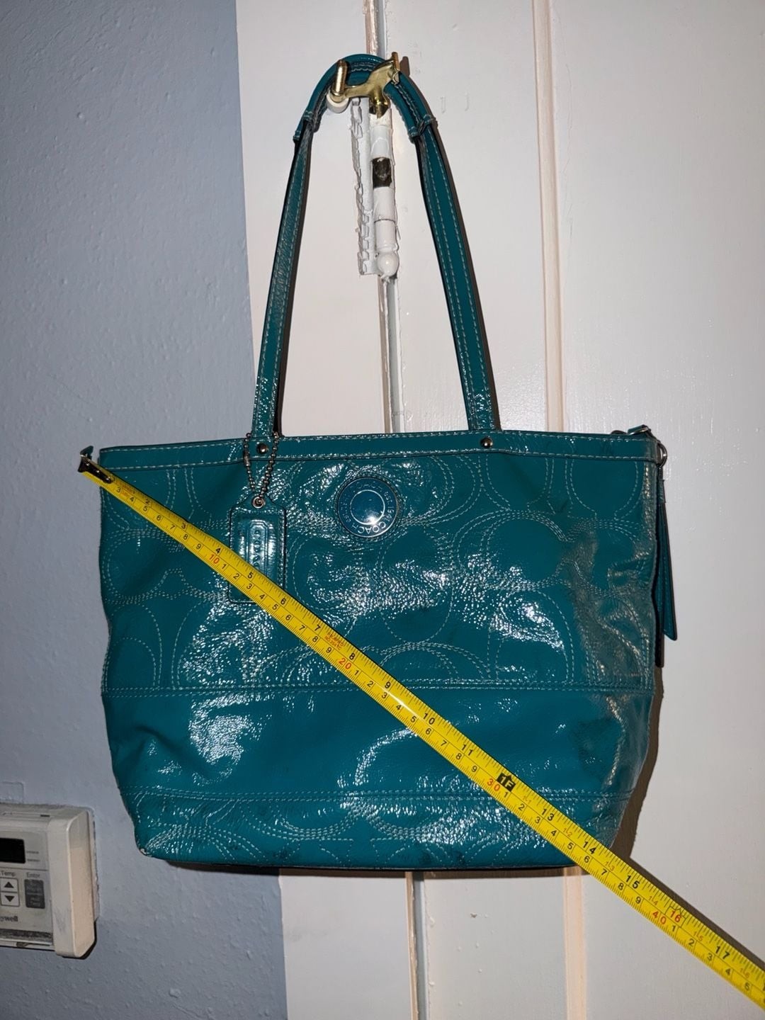 Coach Signature Gallery Stitched Patent Leather Tote Bag Teal F19198