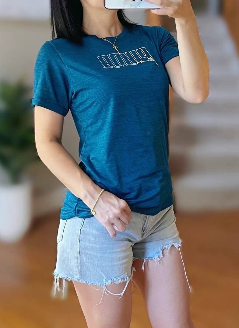 PUMA Womens Short Sleeve Logo Tee Lightweight Blue S Spell Out Logo Crew Neck