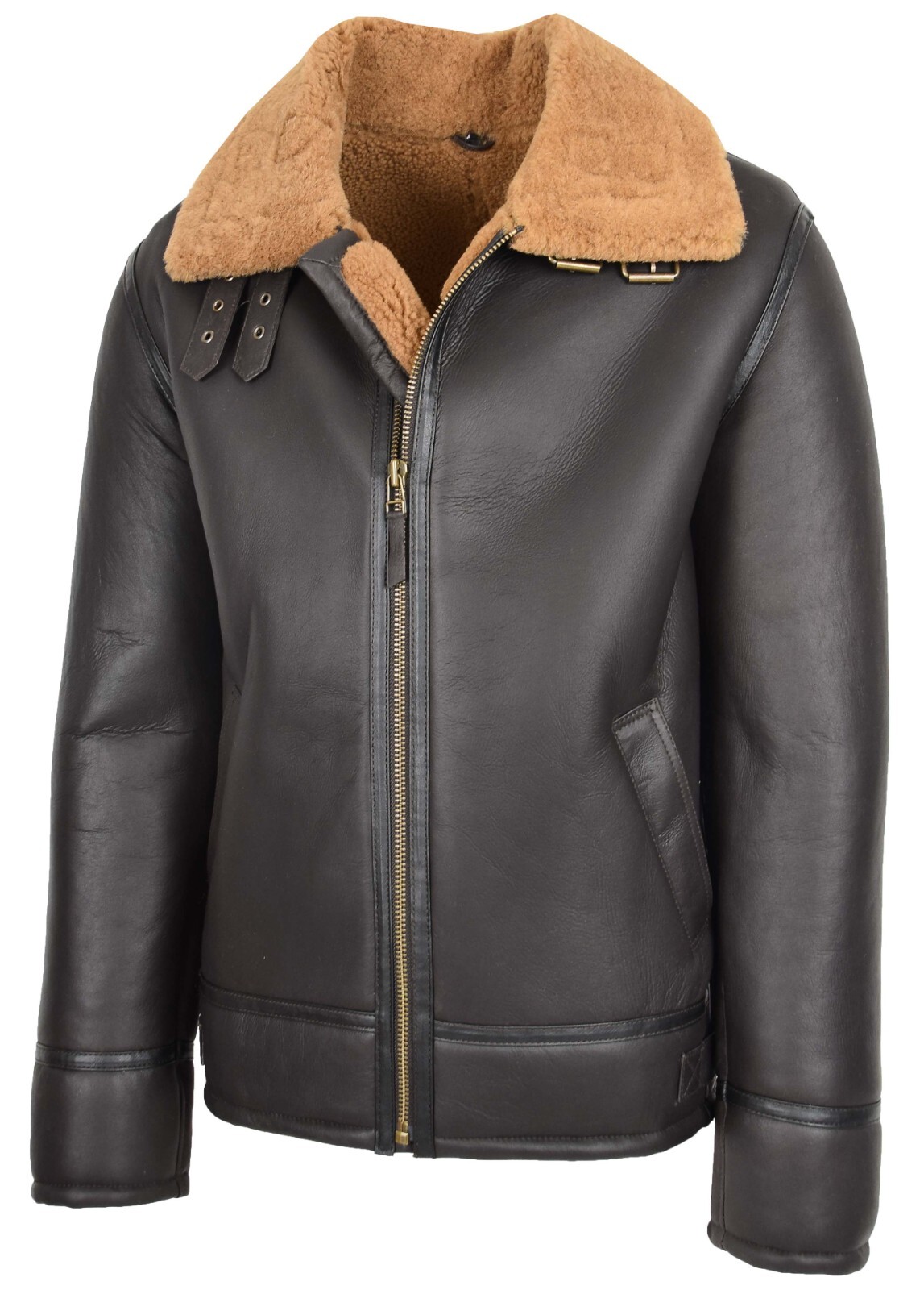Mens Sheepskin Leather Jacket Real Ginger Shearling Lined Top Gun Aviator Brown