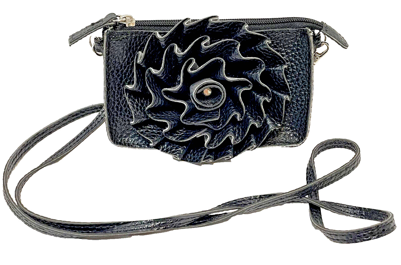Jazza Black Faux Leather Small Crossbody Mini Bag Floral 6.25 x 3.25 inches
