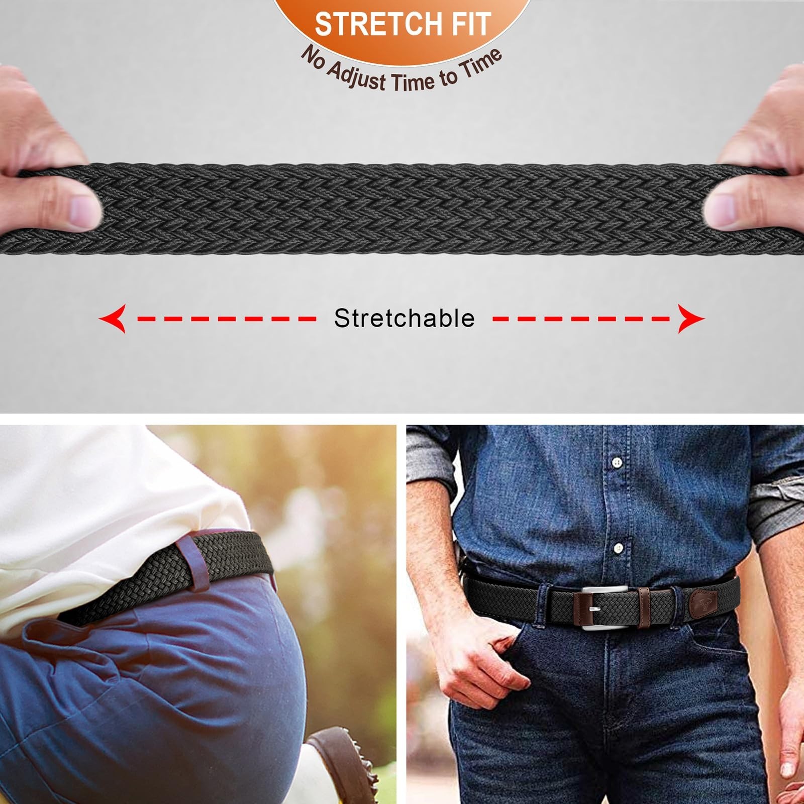 Woven Braided Stretch Web Belt 2-Pack for Men – Breathable, No Hole, Snug Fit –