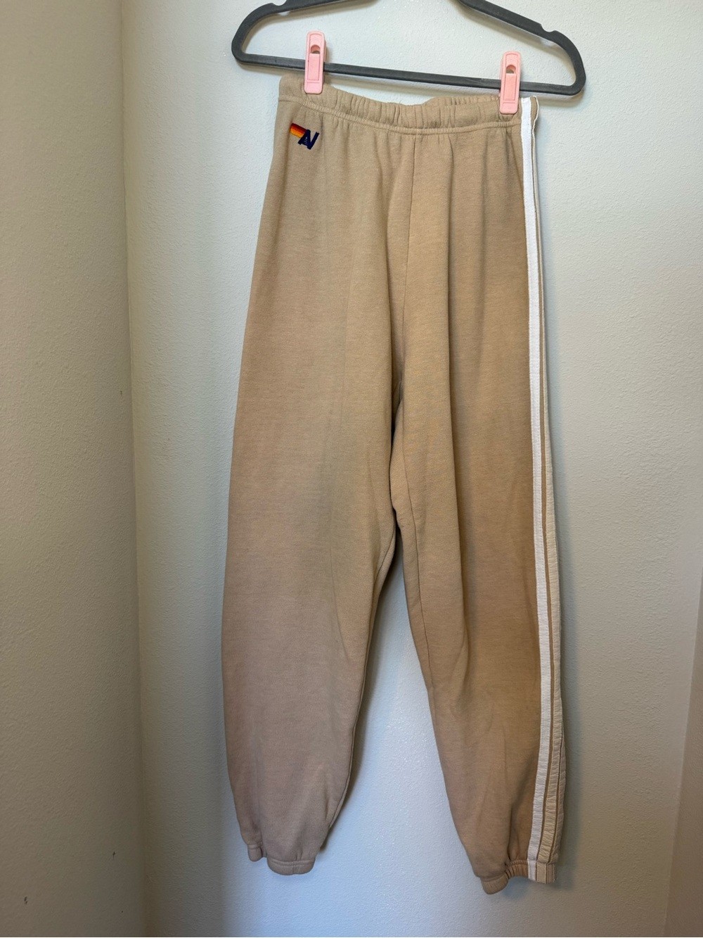 Aviator Nation 5 Stripe Sweatpants in a Sand Tan color